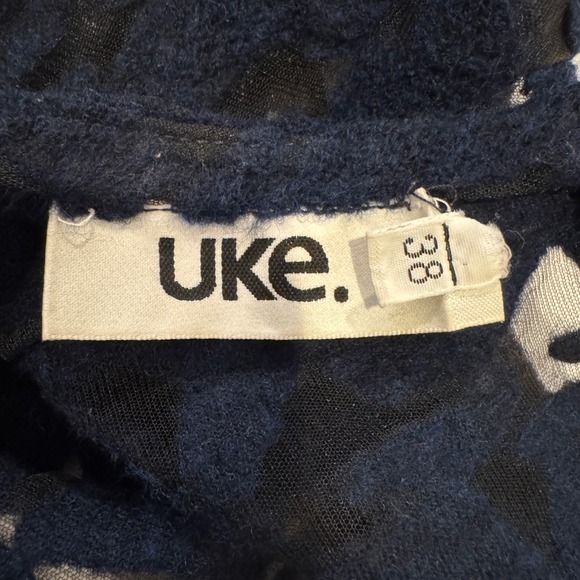 UKE. Bodycon Dress Sz 6 Made in Spain Lace Mesh Top Ponte Knit Bottom Navy Black - Picture 7 of 11